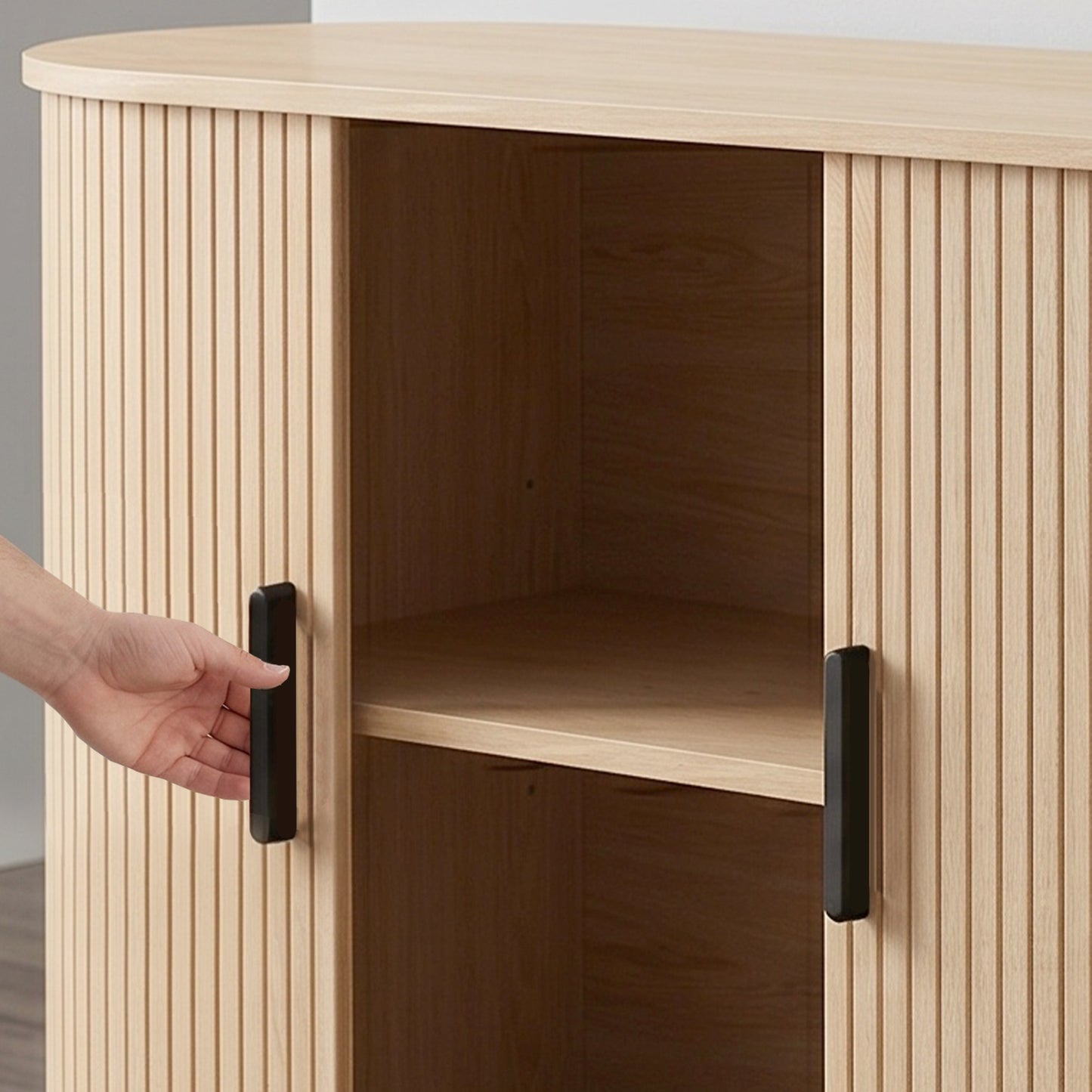 Fluted Sideboard Buffet Cabinet, 55" Mid Century Coffee Bar Cabinet with Sliding Doors and Adjustable Shelves, Natural
