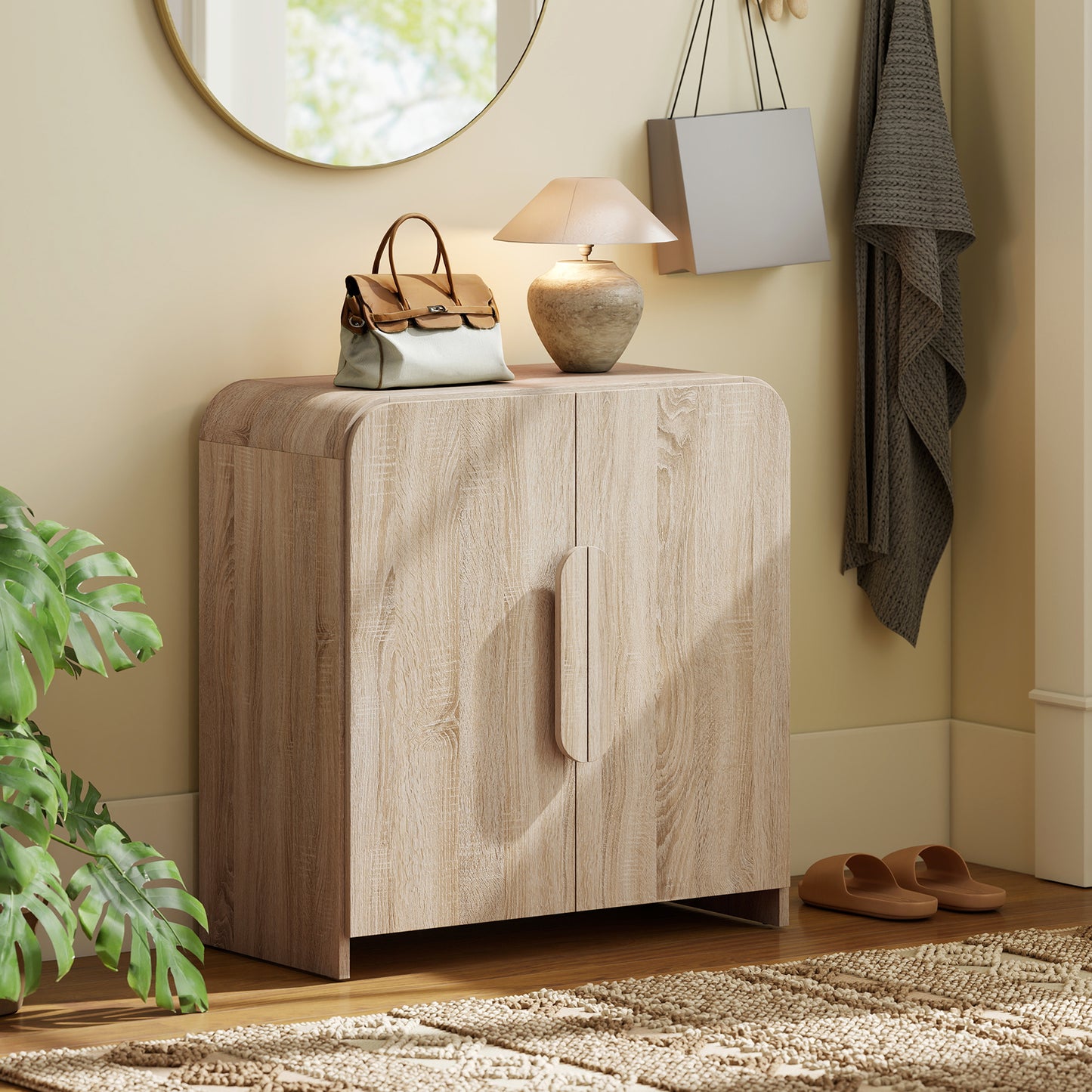 Sideboard Buffet Cabinet, 31.5" Modern Kitchen Storage Cabinet with Soft-Close Door and Adjustable Shelf, Natural Wood