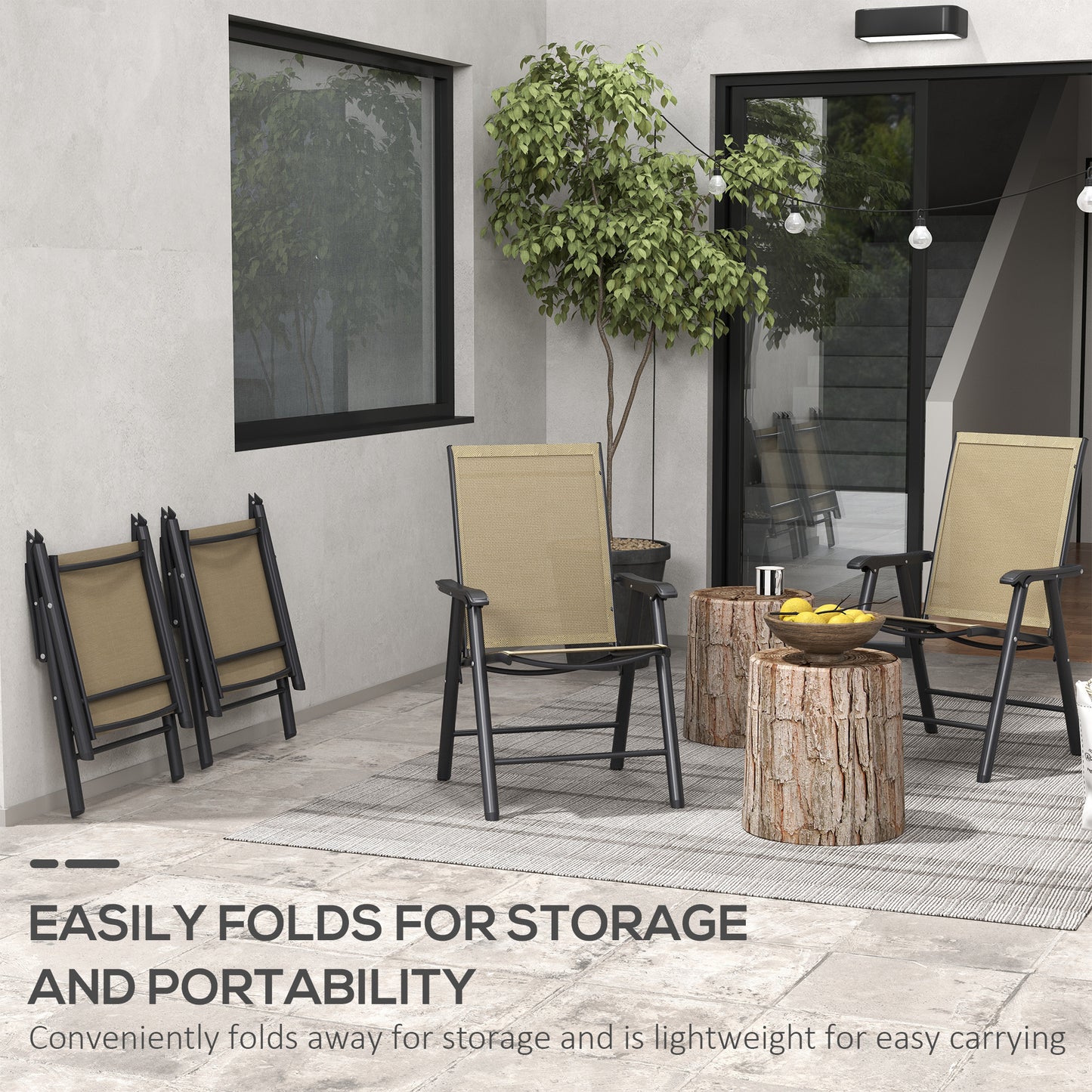 4-Piece Folding Chair Set for Relaxing on Patio Balcony Garden, Comfortable Outdoor Furniture with Armrests, Brown