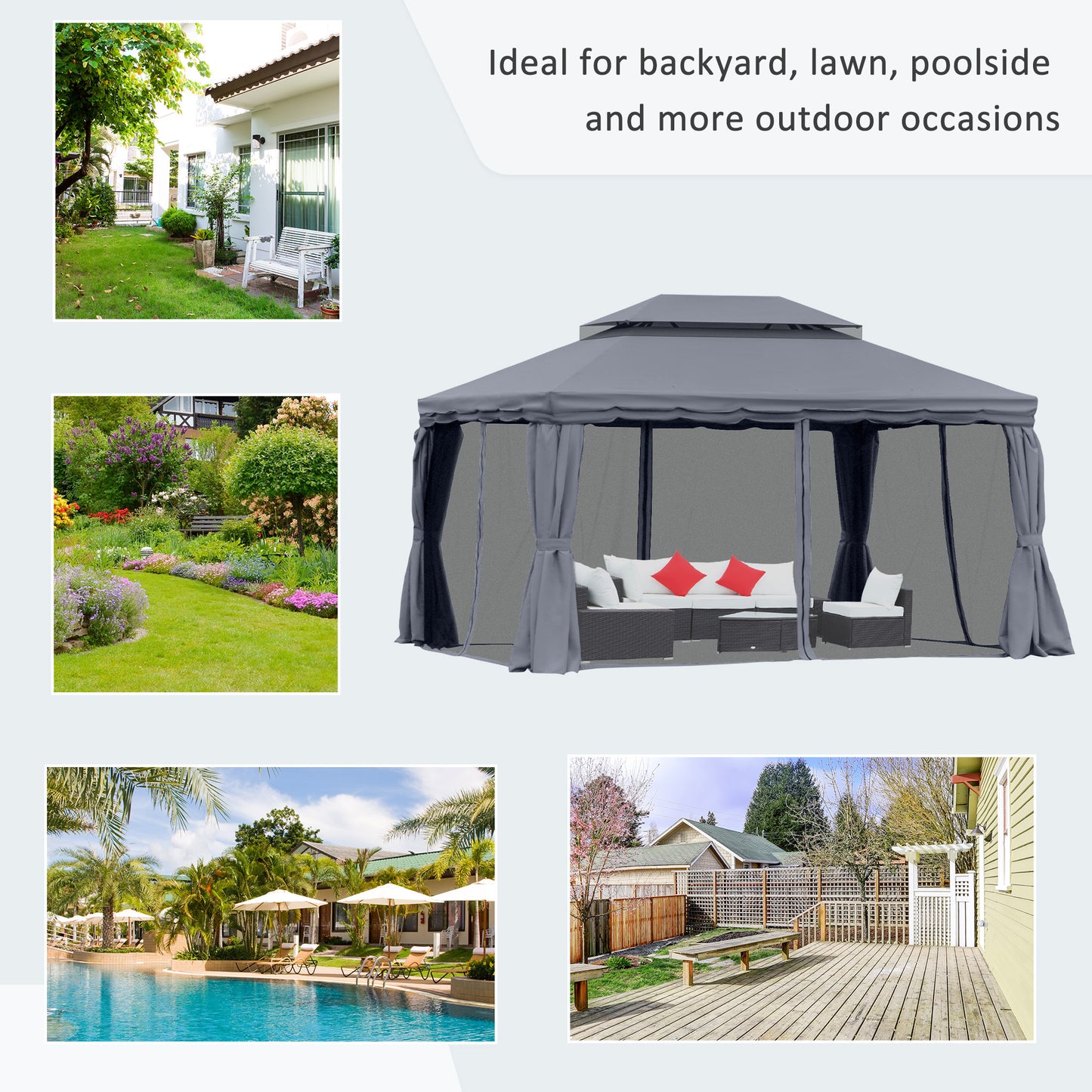 13' x 10' Patio Gazebo, Double Roof Outdoor Gazebo Canopy Shelter with Netting & Curtains, Strong Aluminum Frame, Dark Grey