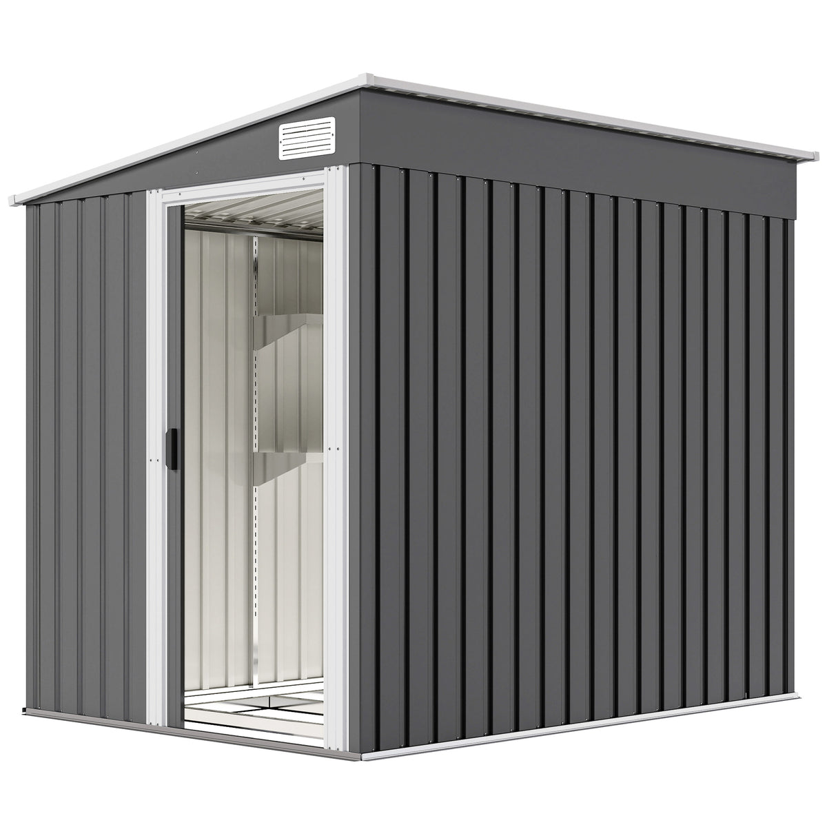 5'x7' Lean to Galvanized Metal Shed with Foundation, Garden Tool Storage House with Sliding Door and 2 Vents, Dark Grey