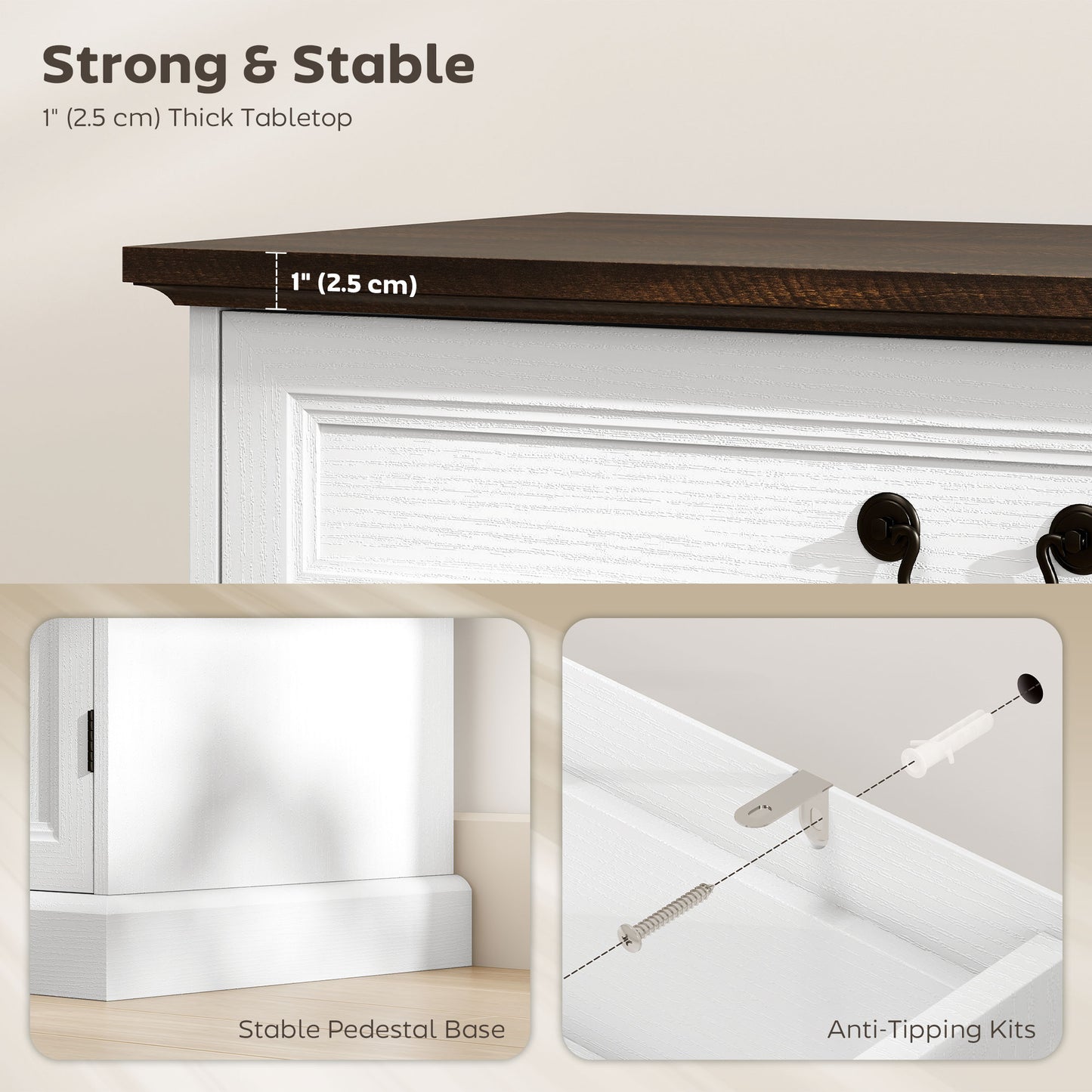 Buffet Cabinet, 32" Farmhouse Sideboard with Thick Top, Quiet Drawer and Adjustable Shelf, White Wood Grain