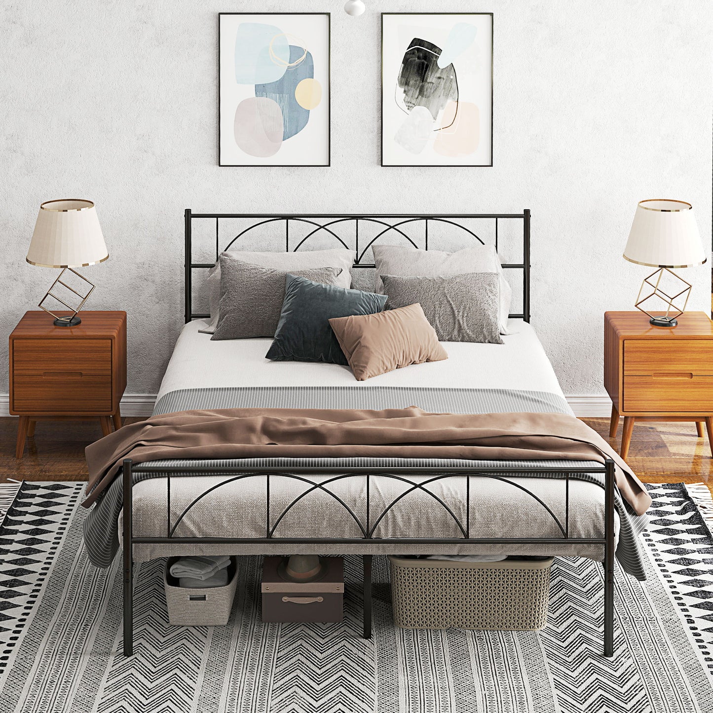 Metal Queen Platform Bed Frame with Headboard, Steel Slat Support, Underbed Storage, No Box Spring Needed, Easy Assembly