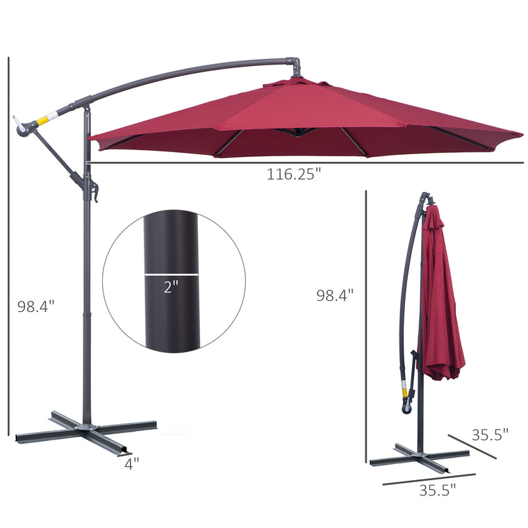 10' Wine Red Banana Offset Umbrella with Crank & Cross Base