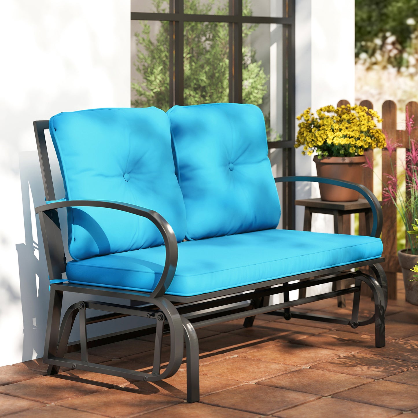 2-Person Outdoor Glider Chair, Patio Double Rocking Loveseat with Steel Frame and Cushions for Backyard, Garden and Porch, Blue