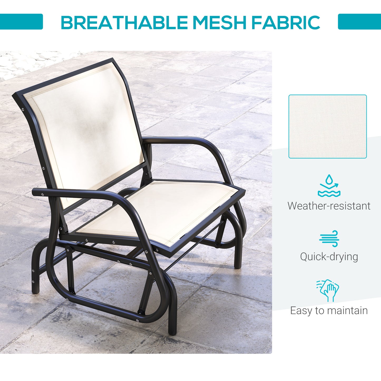 Patio Glider Outdoor Glider Chair with Breathable Mesh Seat & Backrest, Armrests and Metal Frame, Cream White