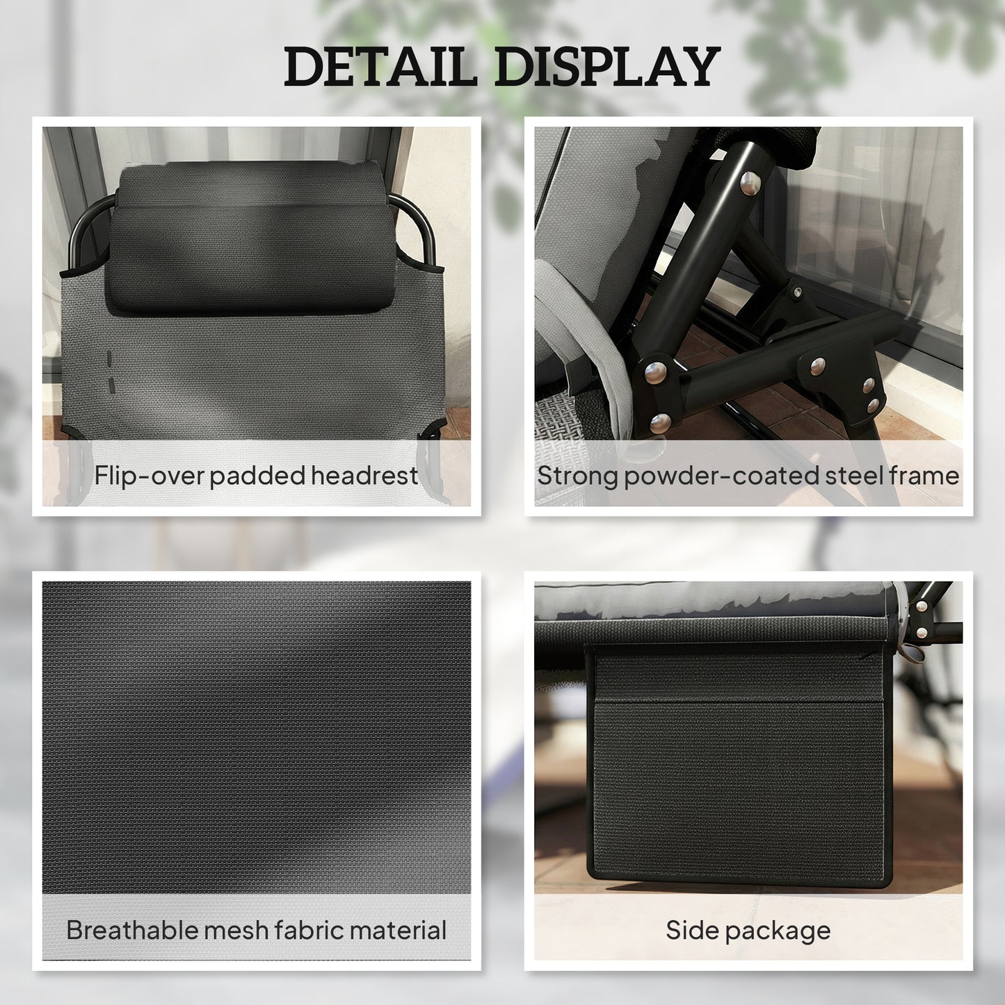 Folding Lounge Chair with 4-level Reclining Back & Cushion, Dark Grey