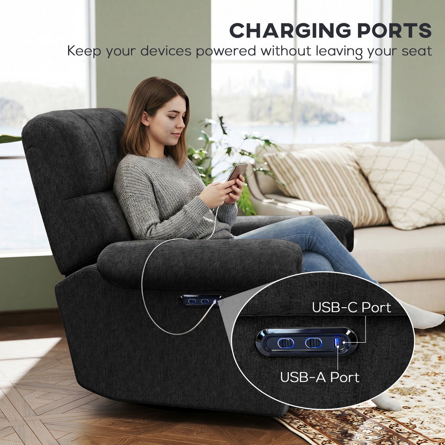 Power Recliner Chair, Fabric Upholstered Recliner Chair with USB Ports, Swivel and Rocking Function, Footrest, Black