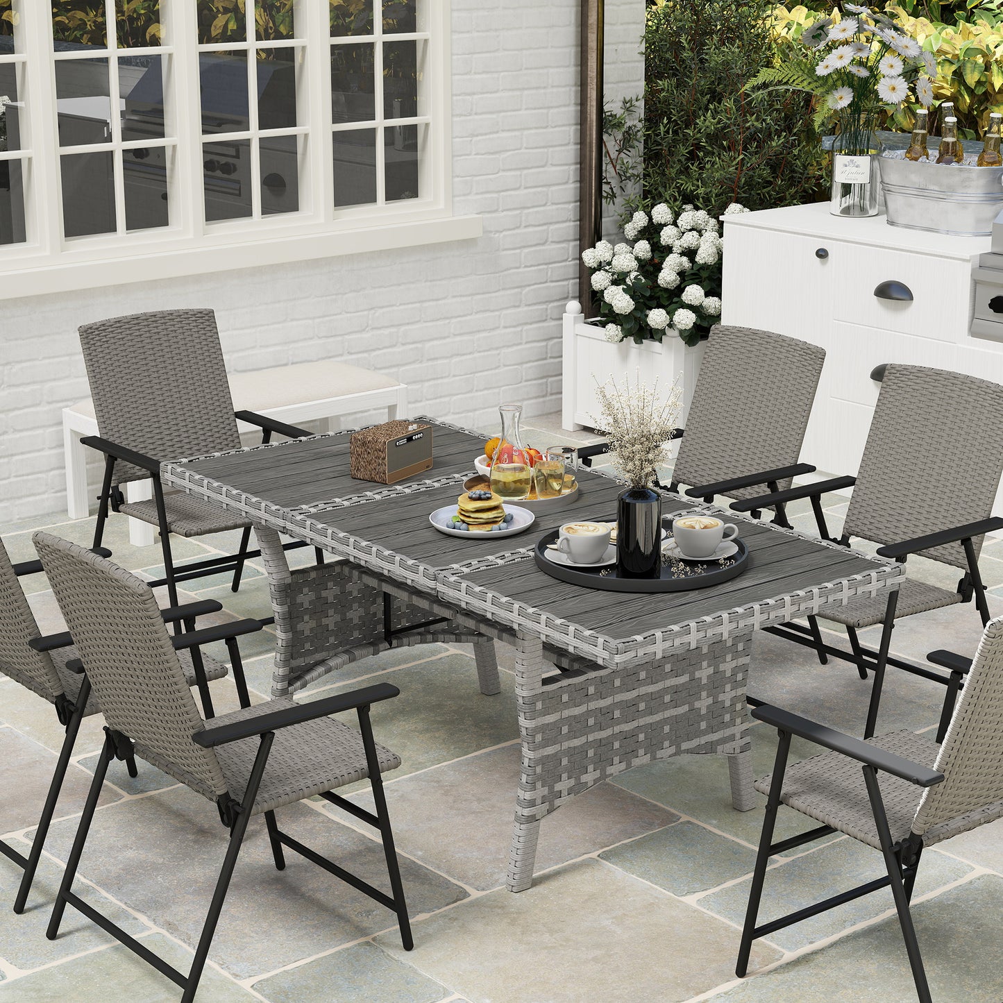 75" Outdoor Dining Table for 6-8, Wicker Patio Table with Storage Shelf and WPC Slatted Top for Balcony, Grey