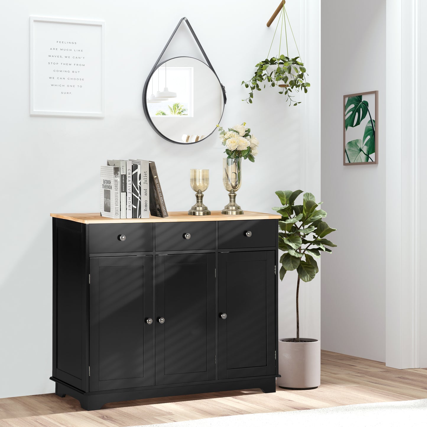 Modern Sideboard, Buffet Cabinet with Storage Cabinets, Drawers and Adjustable Shelves for Living Room, Black