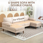 U Shape Couch with Double Chaise Lounge, Modern 4 Seater Sofa with Wooden Legs, Fabric Sofa for Living Room, Beige
