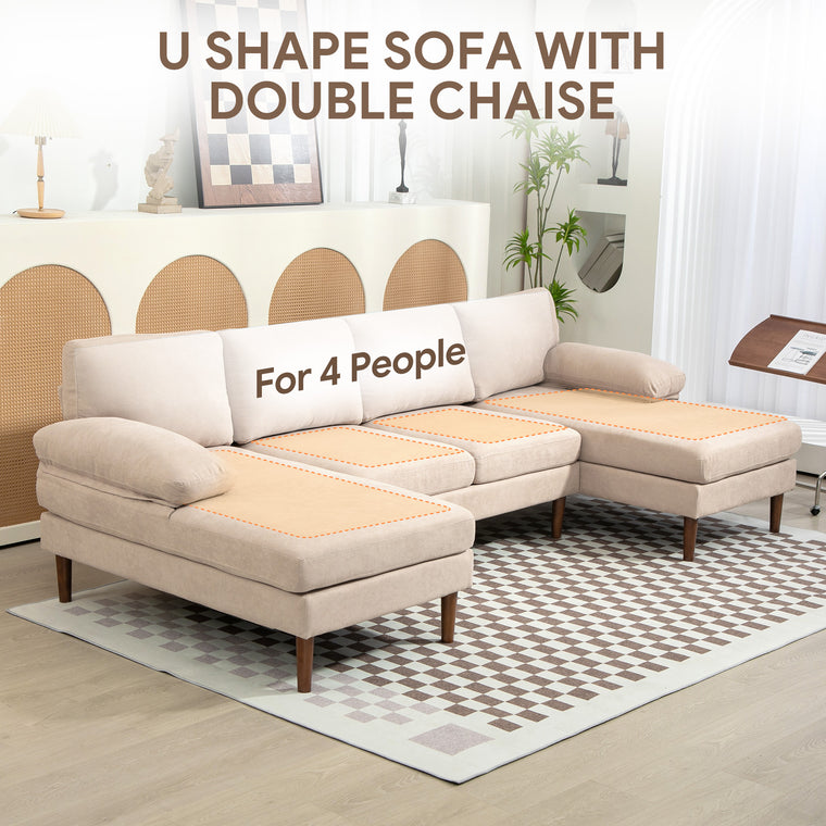 U-Shaped Sofa with Double Chaise & Wood Legs