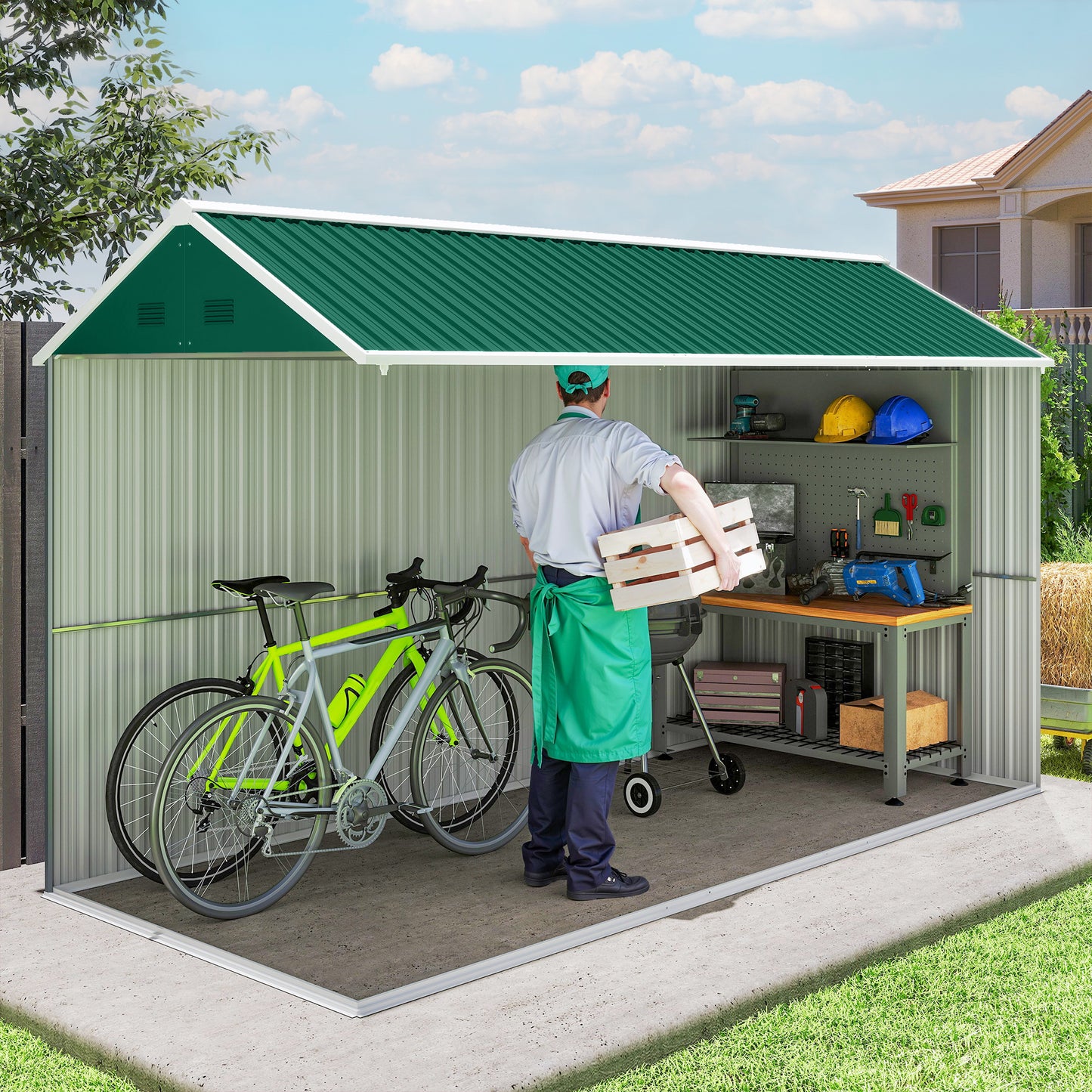 Metal Garden Storage Shed, Outdoor Tool Storage House with Lockable Door, Vents, Sloped Roof, Light Grey