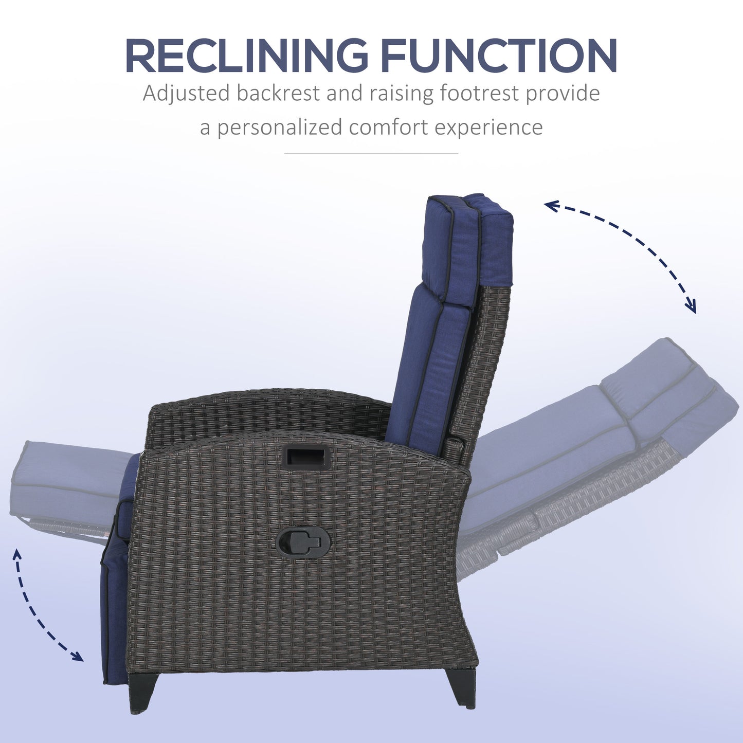 Outdoor Recliner Chair with Adjustable Backrest, Cushion, Side Tray, Black