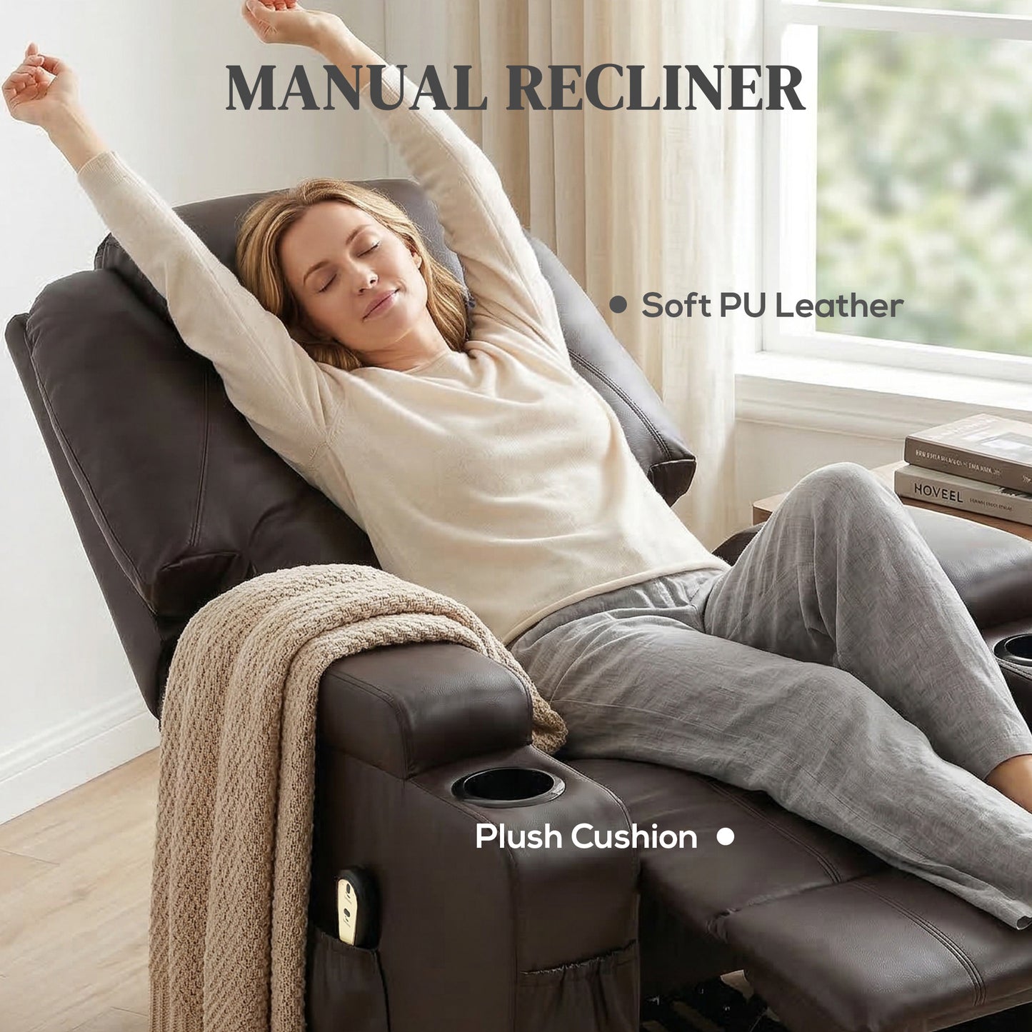 Power Lift Recliner Chair for Elderly, PU Leather Lift Chair with Thick and High Back, Footrest, Remote, Side Pockets, Cup Holders, Reclining Sofa for Living Room, Brown