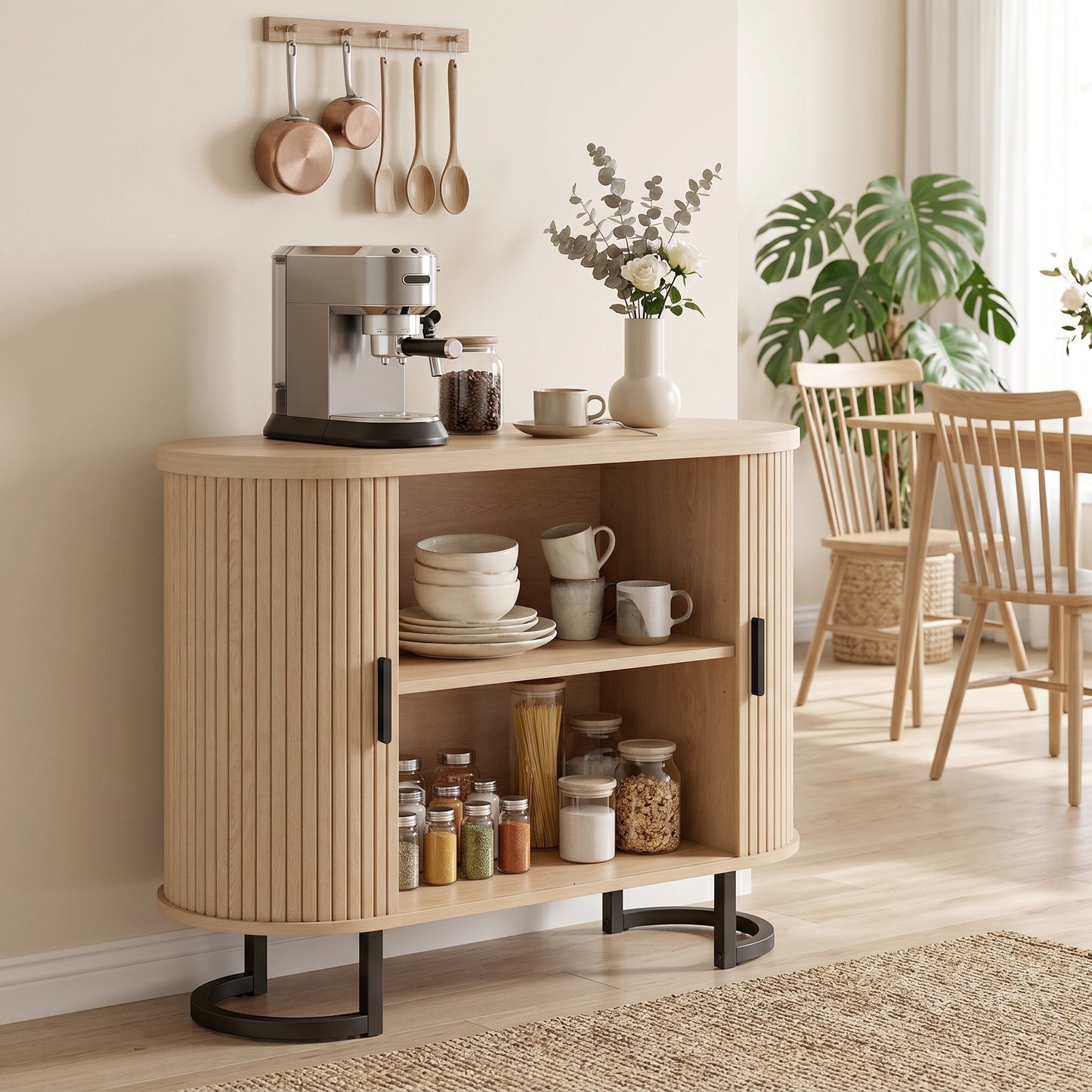 Sideboard Buffet Cabinet with Curved Tambour Doors, Thick Tabletop and Arc Metal Legs Natural Wood