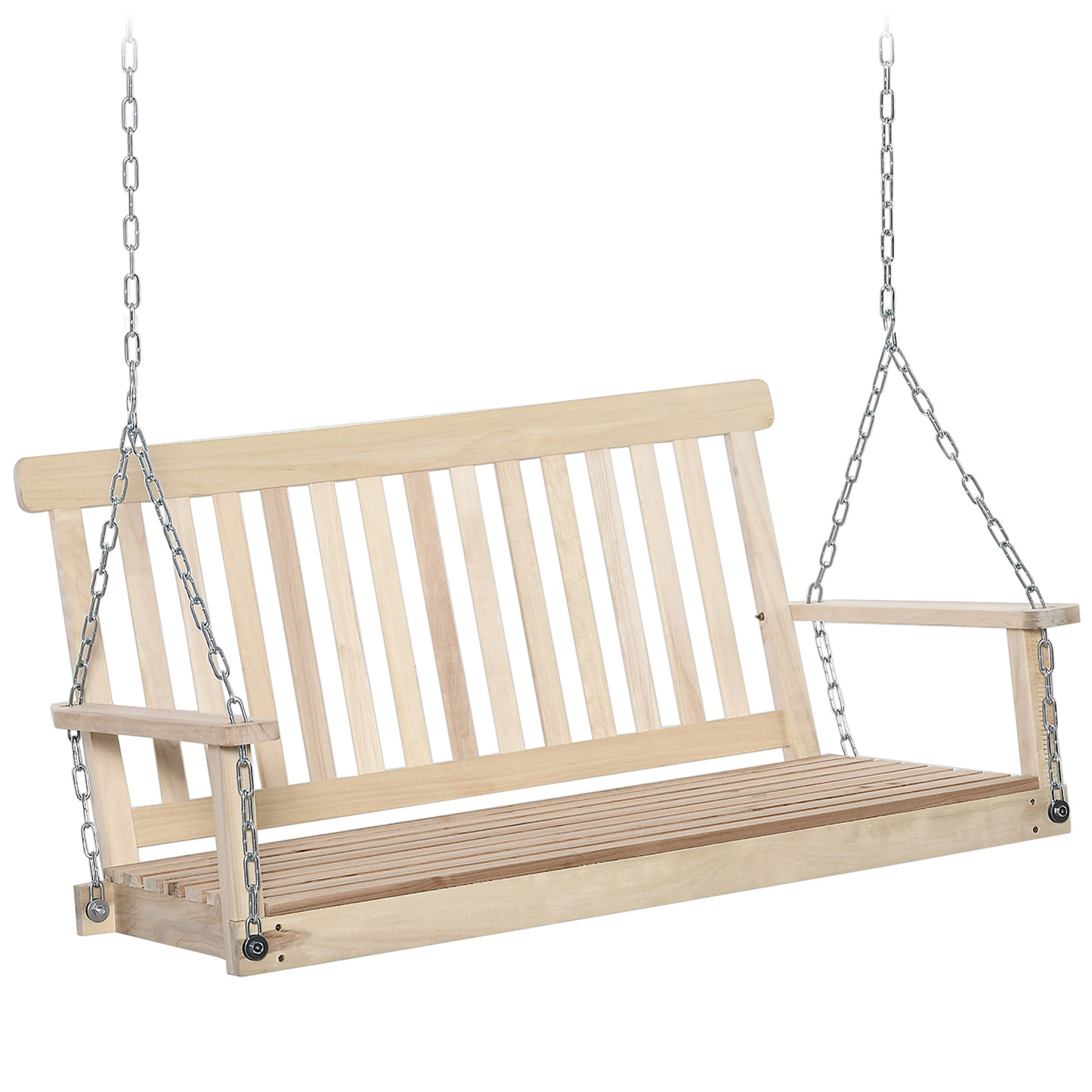2-Seater Patio Swing Chair, Fir Wooden Porch Swing with Slatted Design, Hanging Chains for Outdoor, Garden, Black