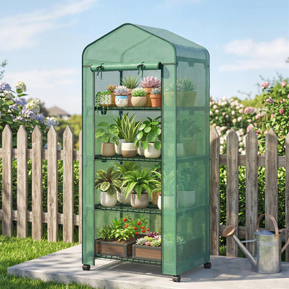 Green Portable Greenhouse with 4-Tier Shelves & PE Cover