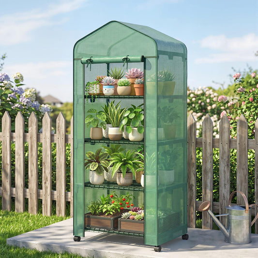 Portable Greenhouse, Outdoor Hot House Plant Flower Greenhouse with 4 Tier Shelves, PE Cover, Green