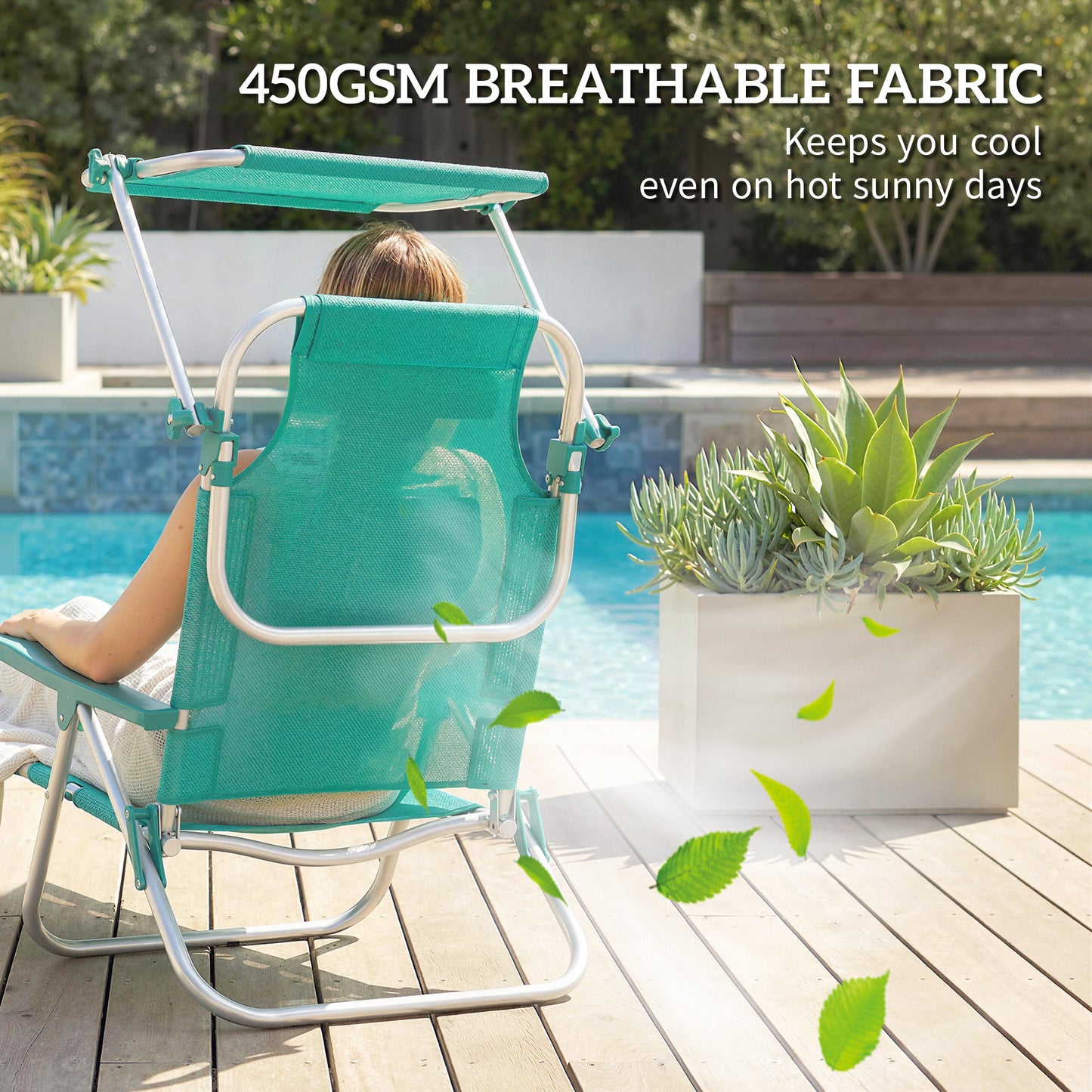 2 Piece Folding Beach Chairs with Adjustable Canopy, 6-Position Reclining Lounge Chair with Headrest, Turquoise