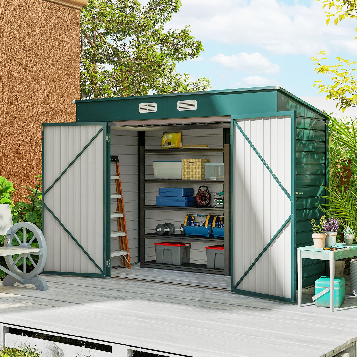 8 x 4FT Galvanized Garden Storage Shed, Metal Outdoor Shed with Double Doors and 2 Vents, Green