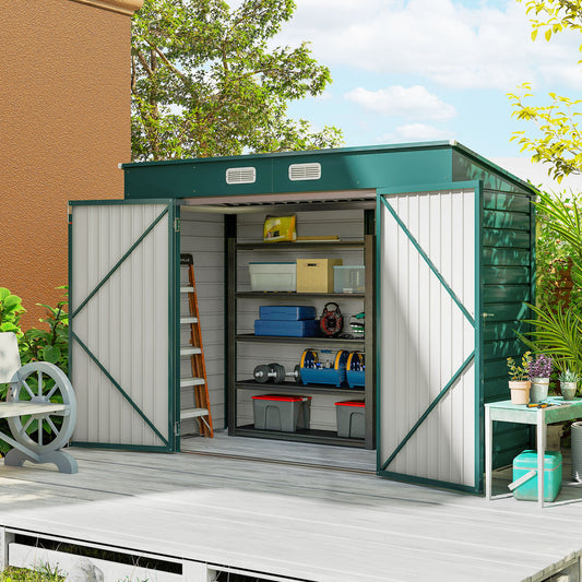 8 x 4FT Galvanized Garden Storage Shed, Metal Outdoor Shed with Double Doors and 2 Vents, Green