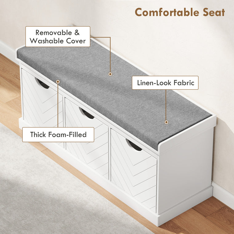 Shoe Storage Bench with 3 Drawers and Cushion - White