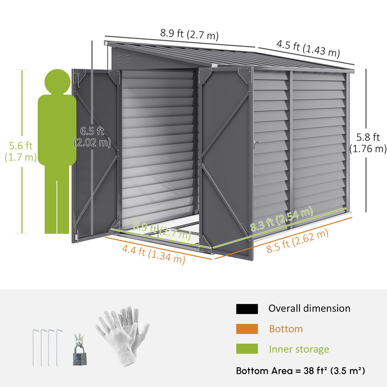 4.6' x 9' Metal Lean-To Tool Shed with Lockable Doors
