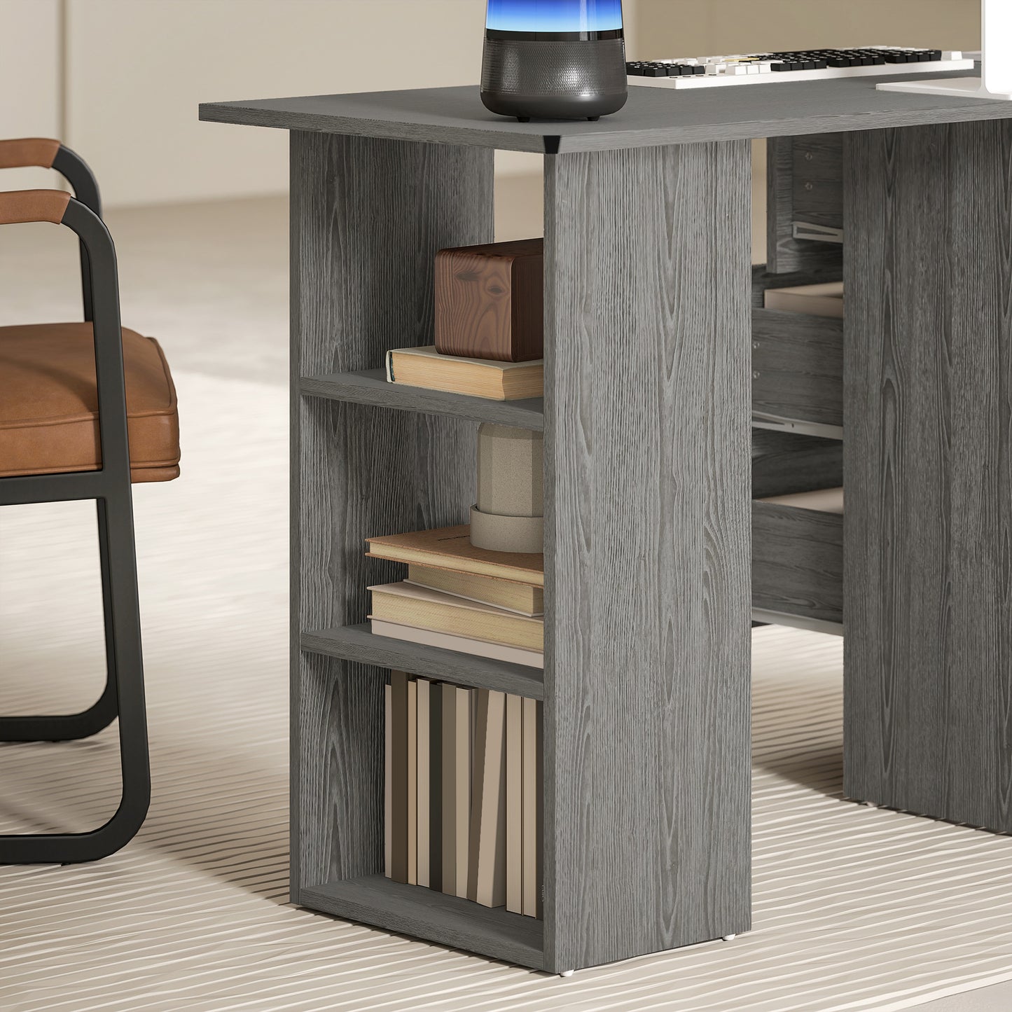Computer Desk, 47" Writing Table with 3-Tier Shelves and 3 Reversible Drawers for Home Office, Bedroom, Grey