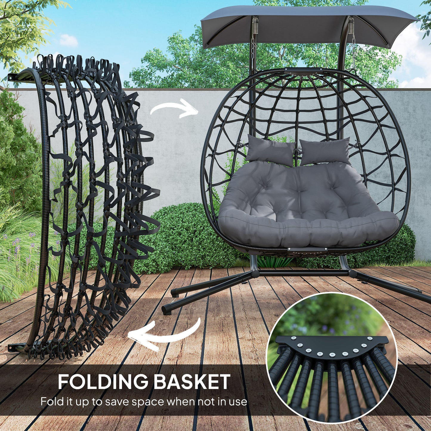 Double Wicker Egg Swing Chair with Canopy, Foldable Hanging Egg Chair with Stand Cushion Headrest, Black