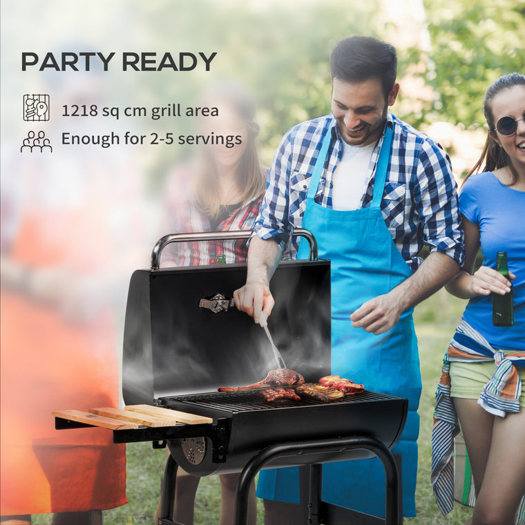 Black Charcoal BBQ Grill with Thermometer & Shelves