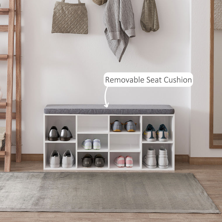 Upholstered Shoe Storage Bench with Adjustable Shelves - White