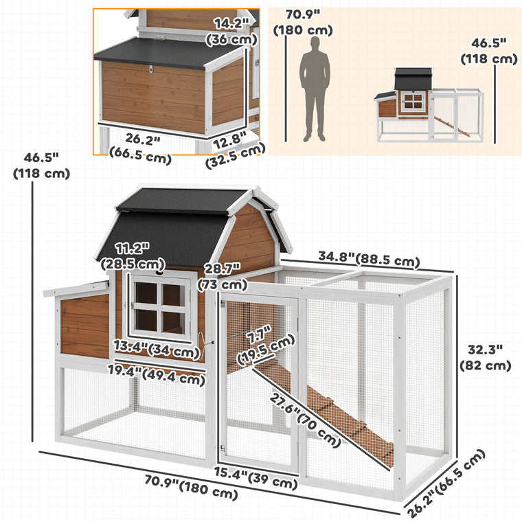 71" Wooden Chicken Coop with Run & Nesting Box