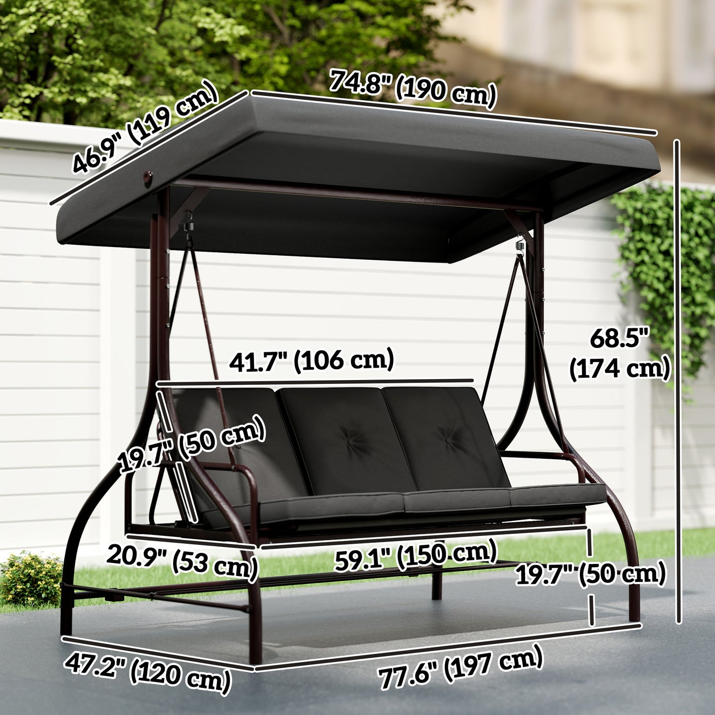 Convertible Patio Swing Bed with Canopy and Cushions, 3 Seater Porch Swing for Outdoor, Backyard, Garden, Black