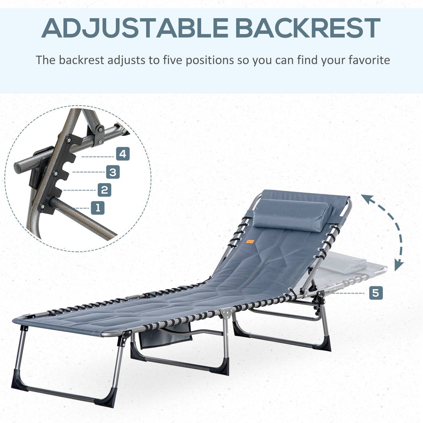 Folding Chaise Lounge Chair, Outdoor Padded Reclining Chair with 5-position Adjustable Backrest, Pillow and Pocket for Patio, Deck, Beach, Lawn and Sunbathing, Black