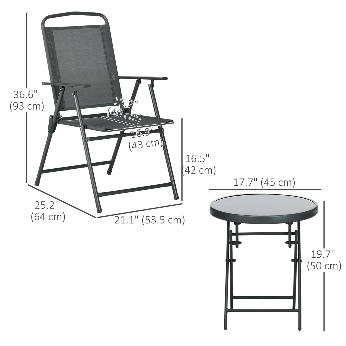 3 Pieces Bistro Set, Foldable Patio Furniture Set with Mesh Chairs, Glass Table for Garden, Balcony, Charcoal Grey