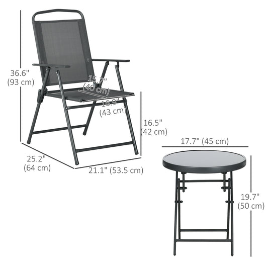 3 Pieces Bistro Set, Foldable Patio Furniture Set with Mesh Chairs, Glass Table for Garden, Balcony, Charcoal Grey