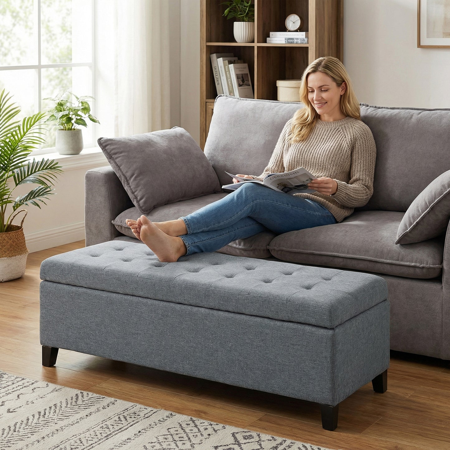 Rectangular Entry Bench, Tufted Upholstered Linen Fabric Wood Feet Storage Ottoman Bench, Grey