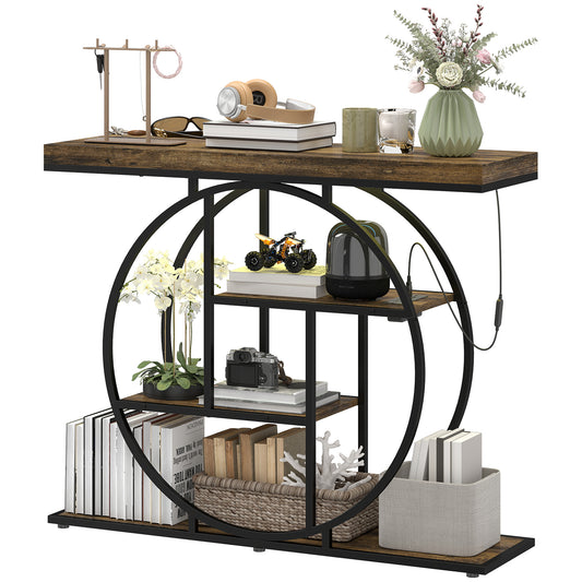 39" 4-Tier Entryway Console Table with LED Lights - Rustic Brown