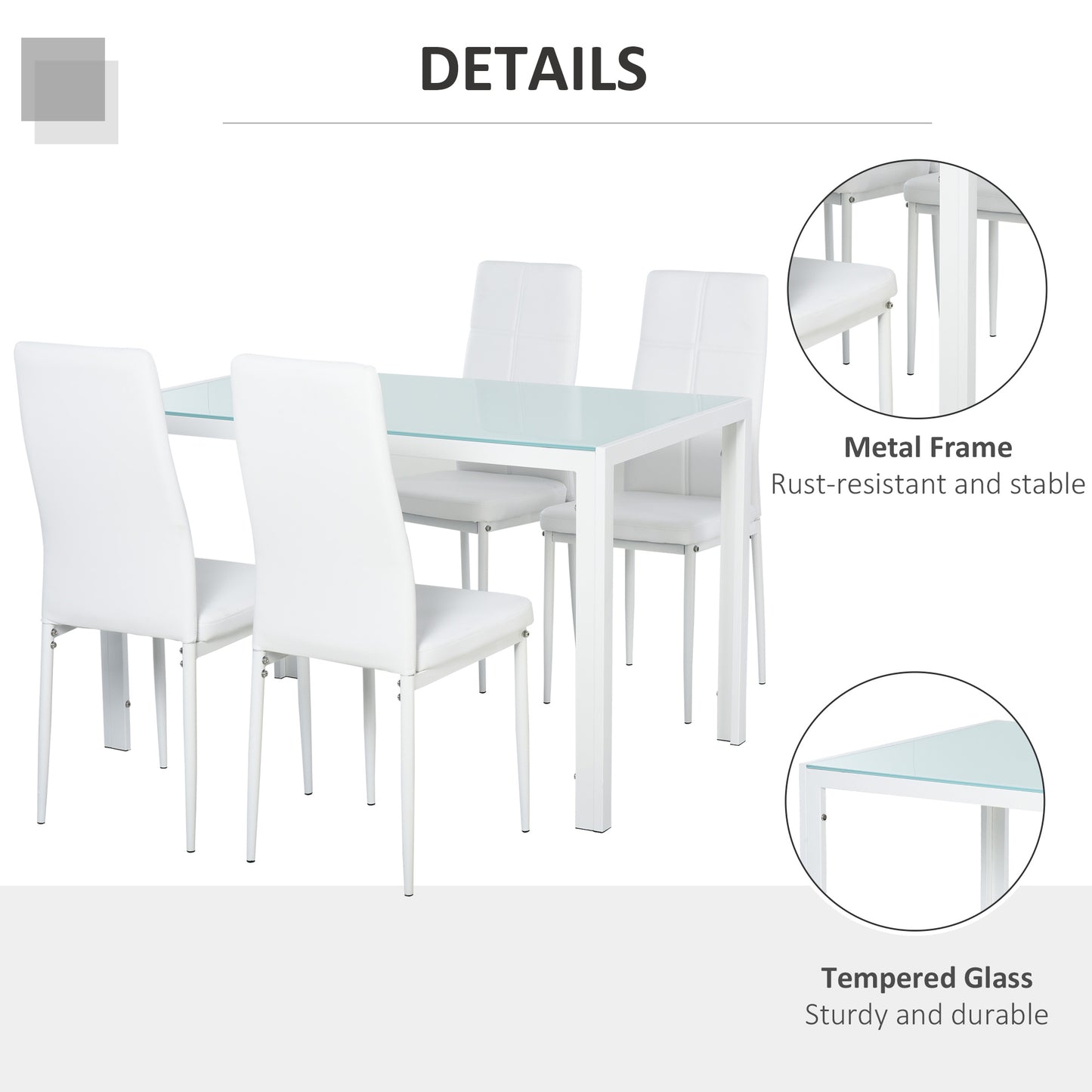 5-Piece Rectangular Glass Kitchen Table and Chairs with Metal Frame and Faux Leather Upholstery for Dining Room, White