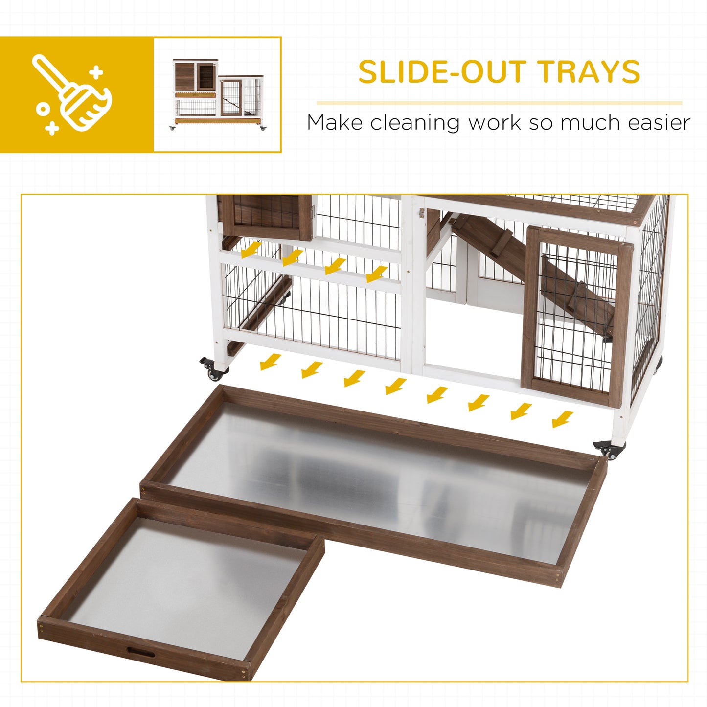 Wooden Rabbit Hutch, Indoor Bunny Cage with Wheels, Pull Out Trays, Run, Brown