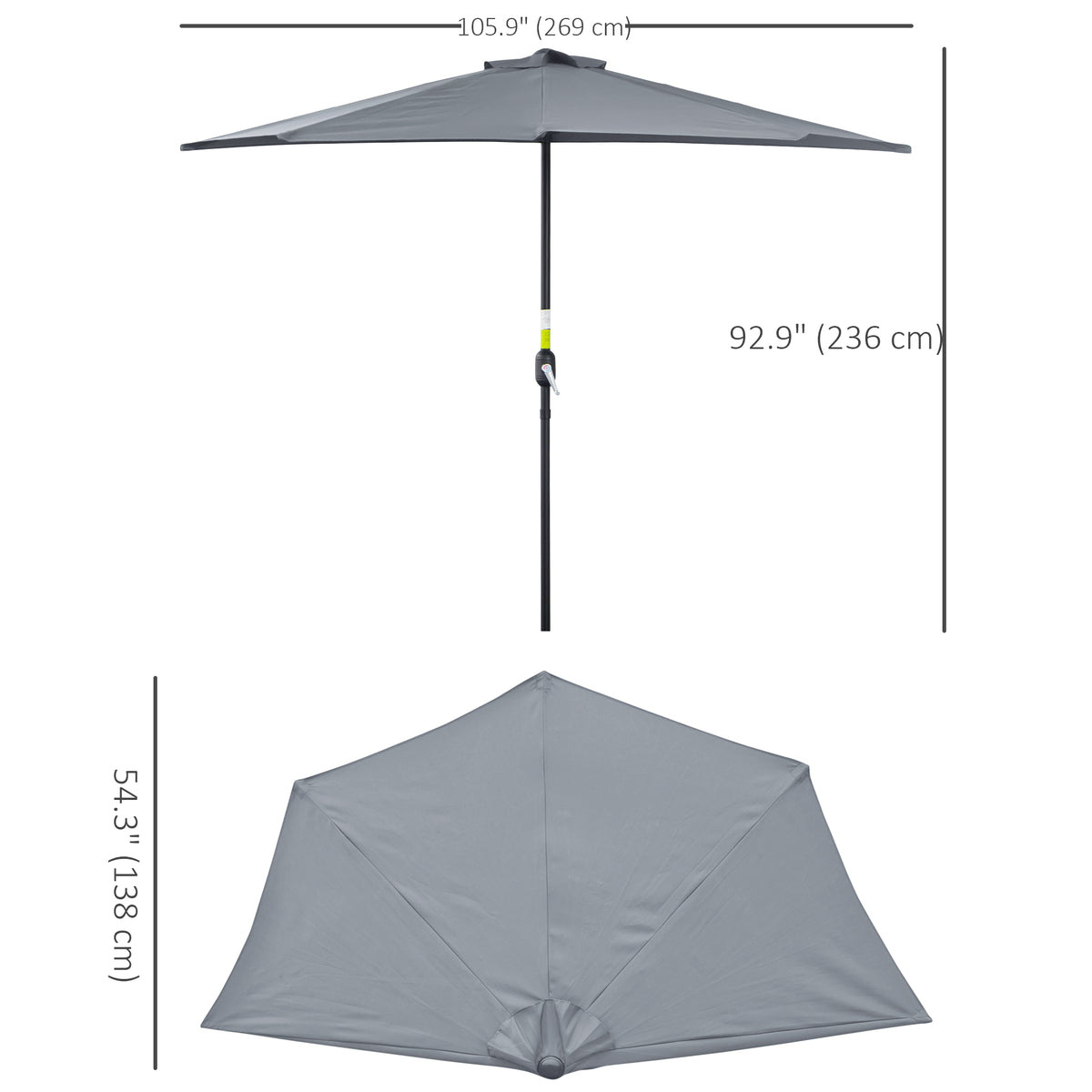 9ft Half Round Patio Umbrella, Outdoor Market Patio Table Umbrella Parasol with Crank Mechanism, 5 Ribs, Grey