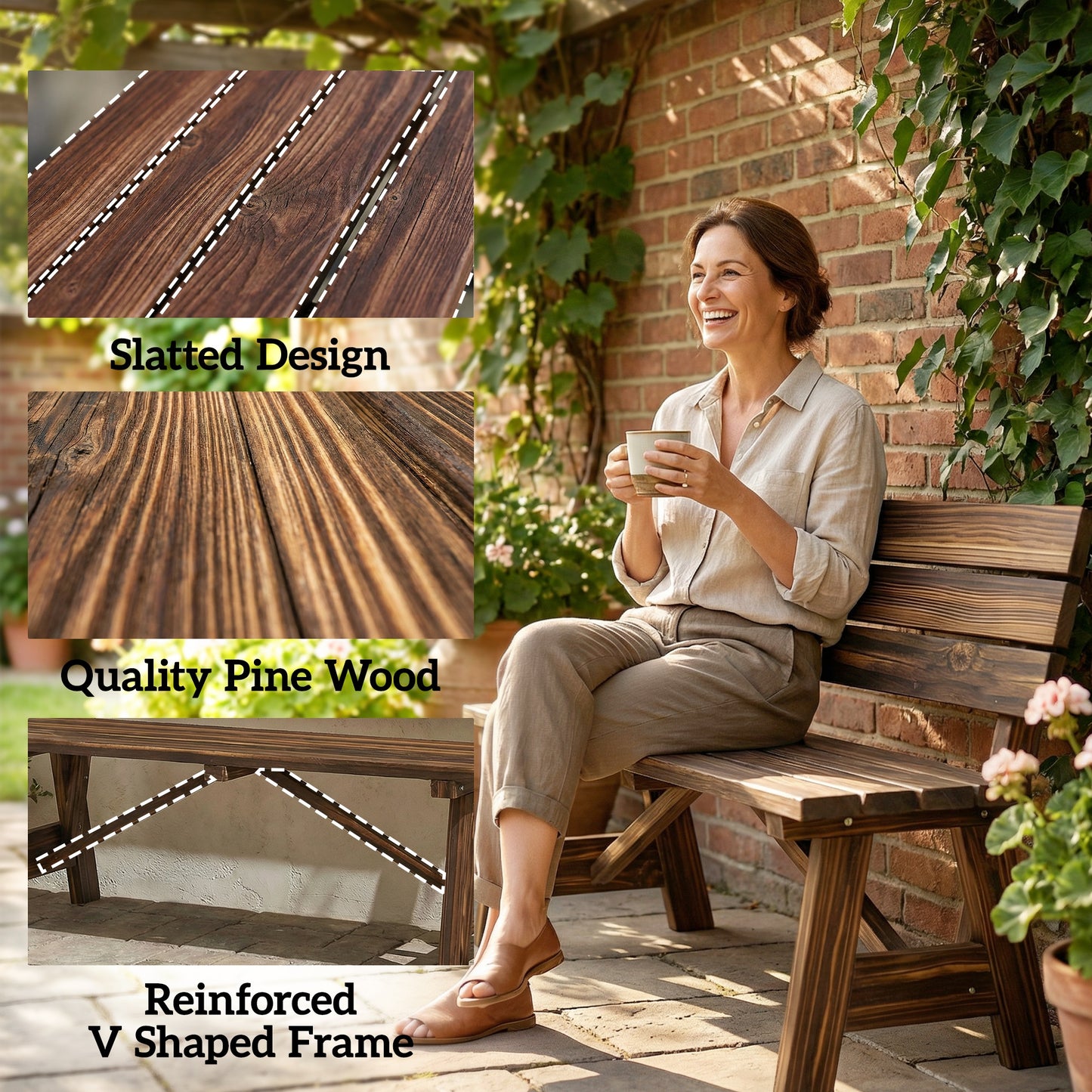 Wooden Garden Bench for Outdoor, 2-person Patio Bench, Loveseat Furniture, Carbonized