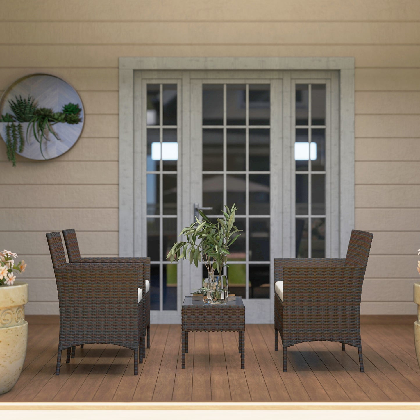 4 Pieces Wicker Outdoor Balcony Furniture Set Rattan Patio Furniture Set with Loveseat Chairs Glass Coffee Table Beige