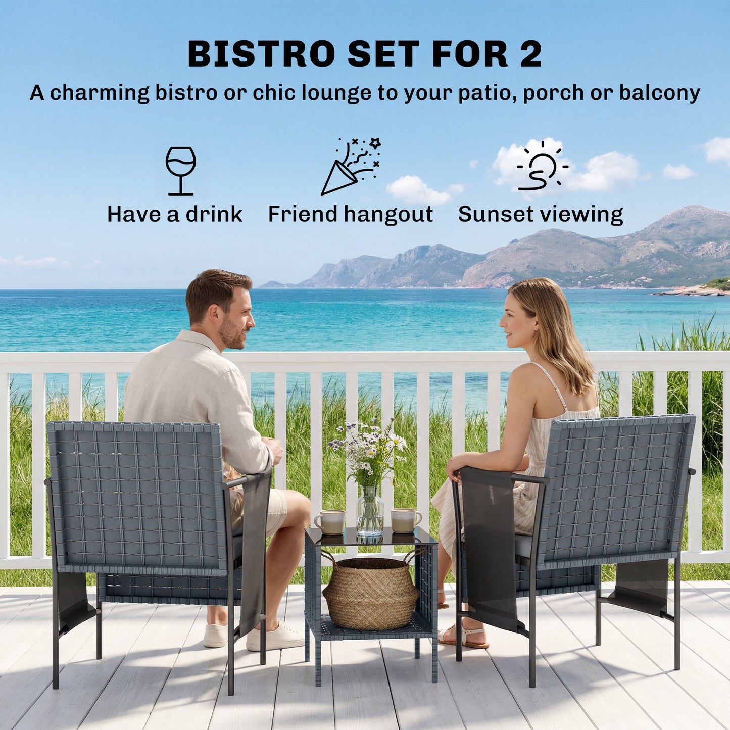 3 Piece Wicker Patio Furniture Set, Outdoor Bistro Set, Side Pockets, Mesh Seat, 2 Tier Glass Table, Cushions, Grey