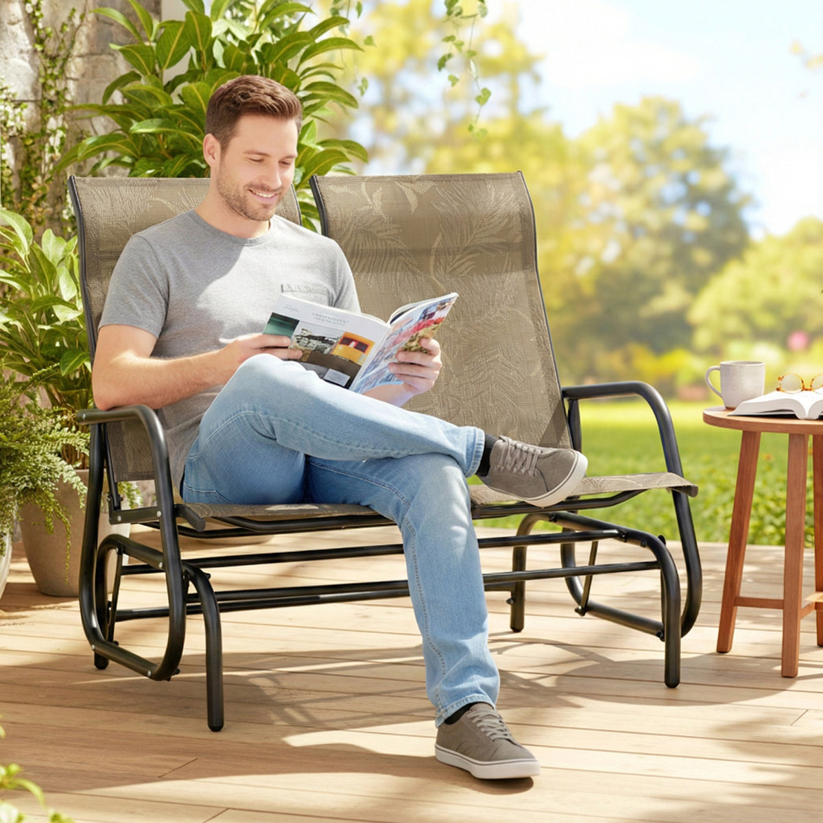 Outdoor Glider Bench, Patio Glider for 2 Persons, Brown