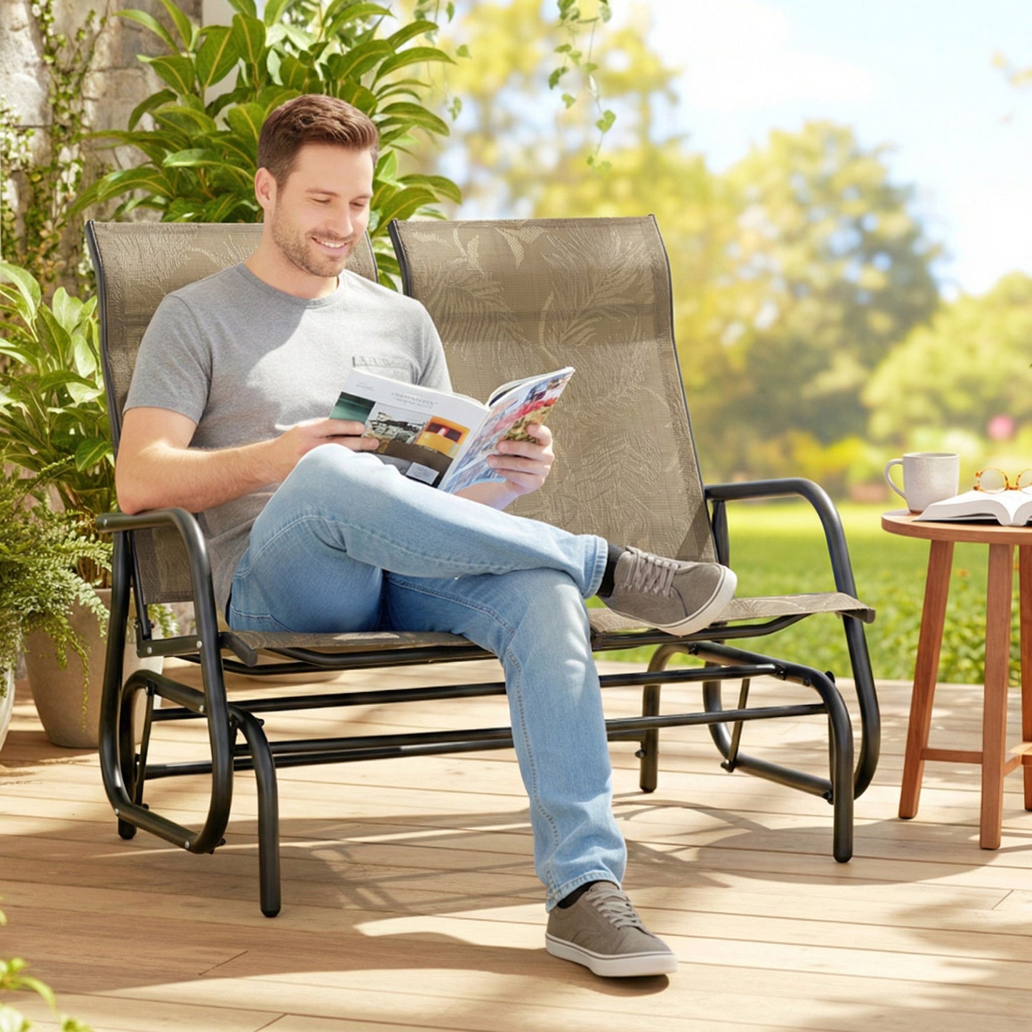 Outdoor Glider Bench, Patio Glider for 2 Persons, Brown - Brown