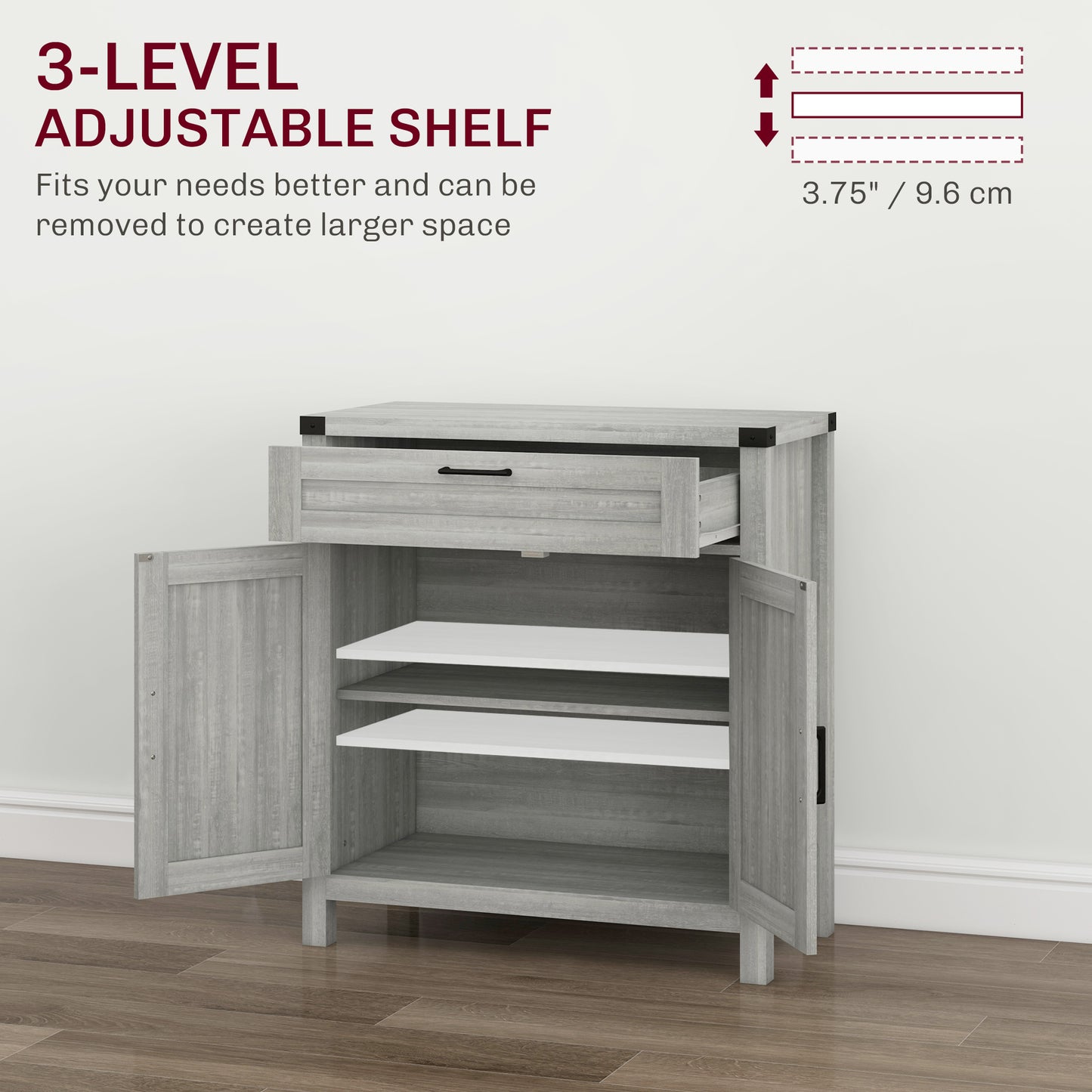 Farmhouse Kitchen Storage Cabinet, Sideboard Buffet Cabinet with 2 Rustic Barn Doors and Drawer, Grey
