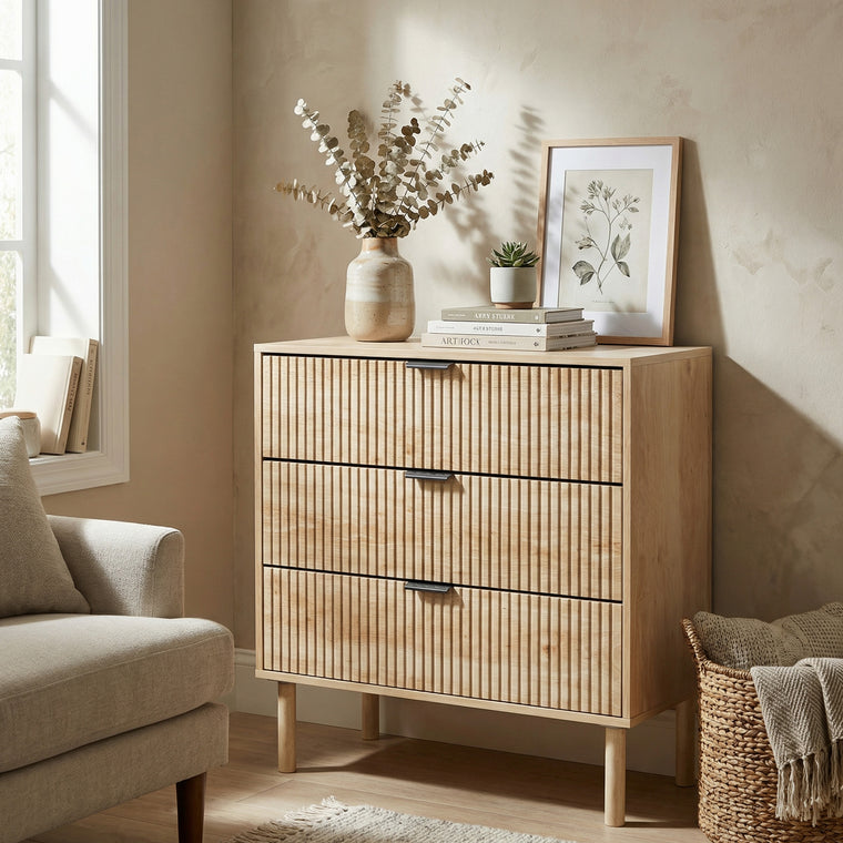 3-Drawer Fluted Dresser with Solid Wood Legs - Oak