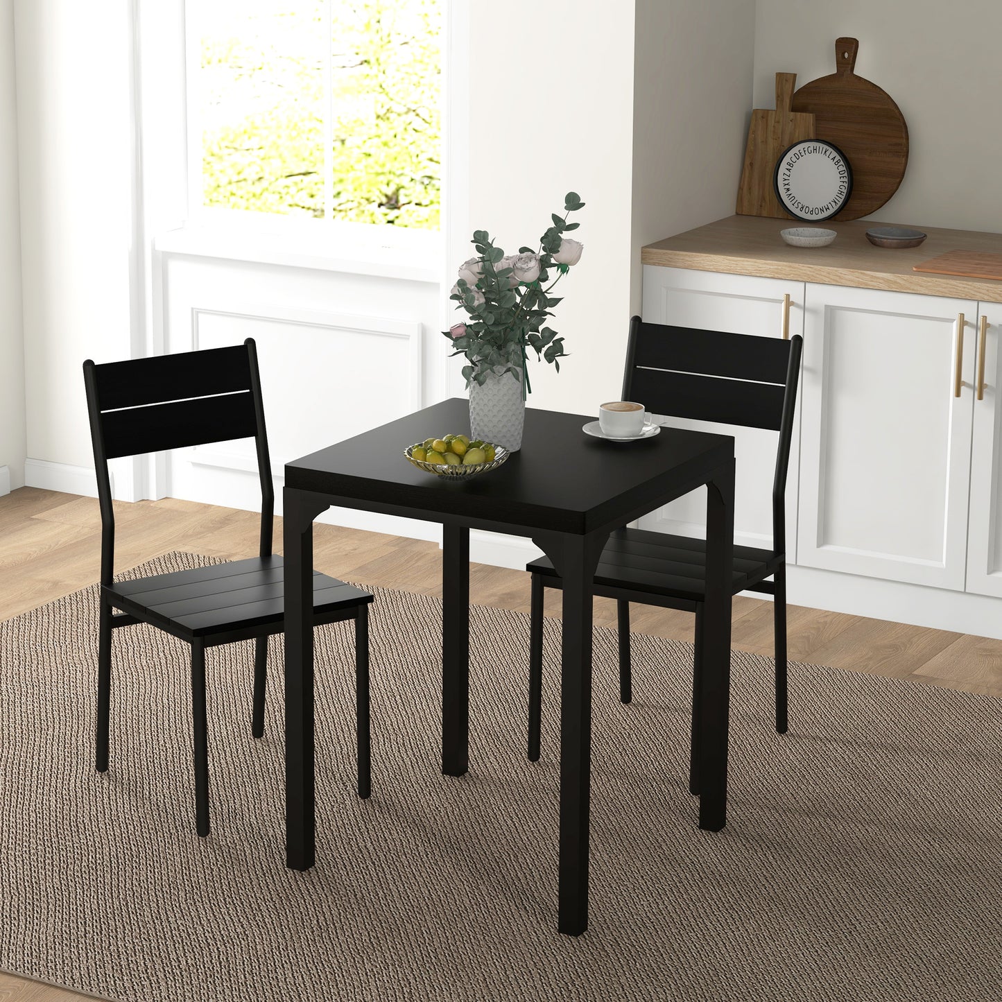 Dining Table Set for 2, 3 Piece Kitchen Table and Chairs with Metal Legs for Small Spaces, Black